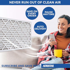 Aerostar filter shows universal compatibility label for broad furnace and AC use.
