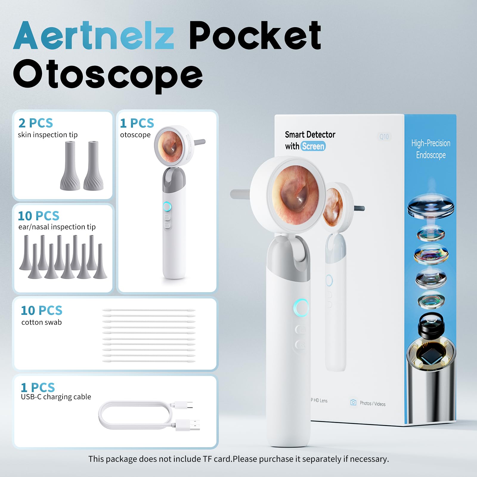 Aertnelz otoscope packaging includes tips and accessories for quick setup