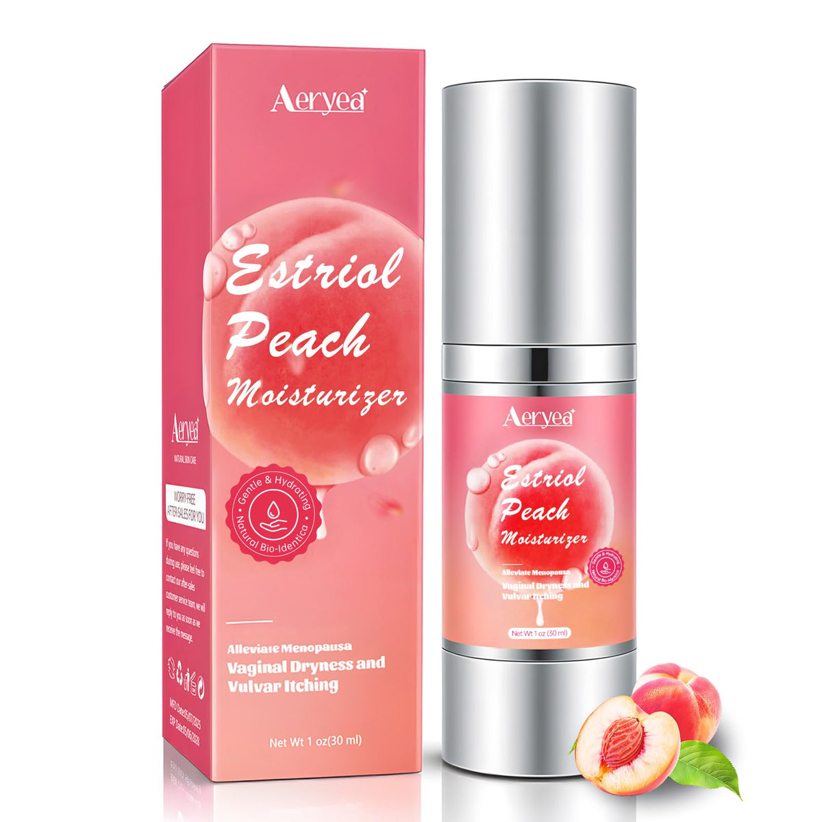 Aeryea Estriol Peach Cream bottle for daily vaginal comfort.