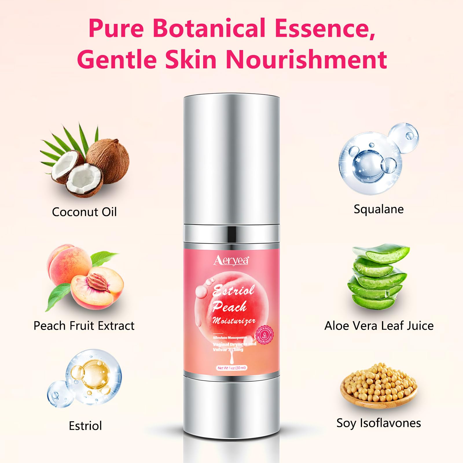 Aeryea Estriol Peach Cream label highlights plant-based estriol.
