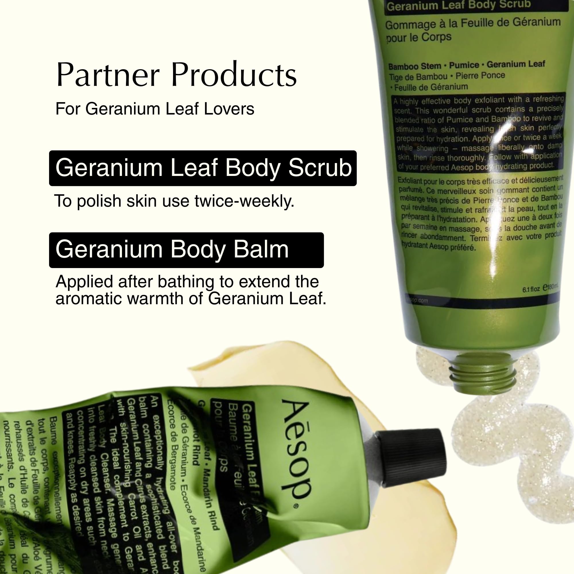 Spa-like bathroom scene featuring Aesop Geranium Leaf Body Cleanser.