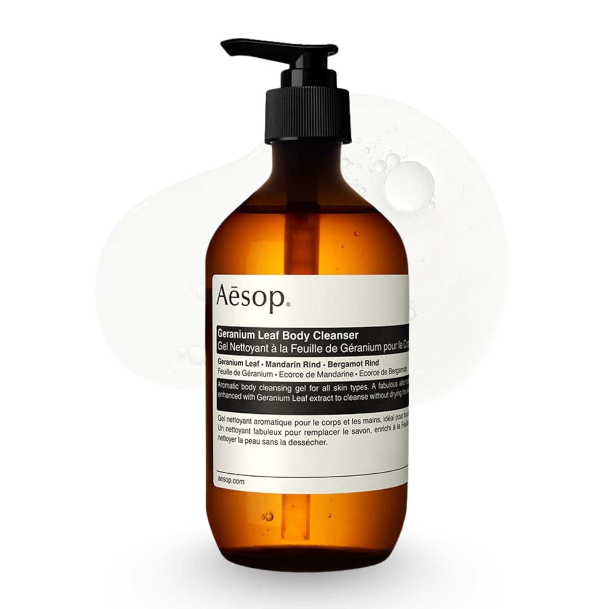 Aesop Geranium Leaf Body Cleanser bottle with a refreshing citrus aroma.