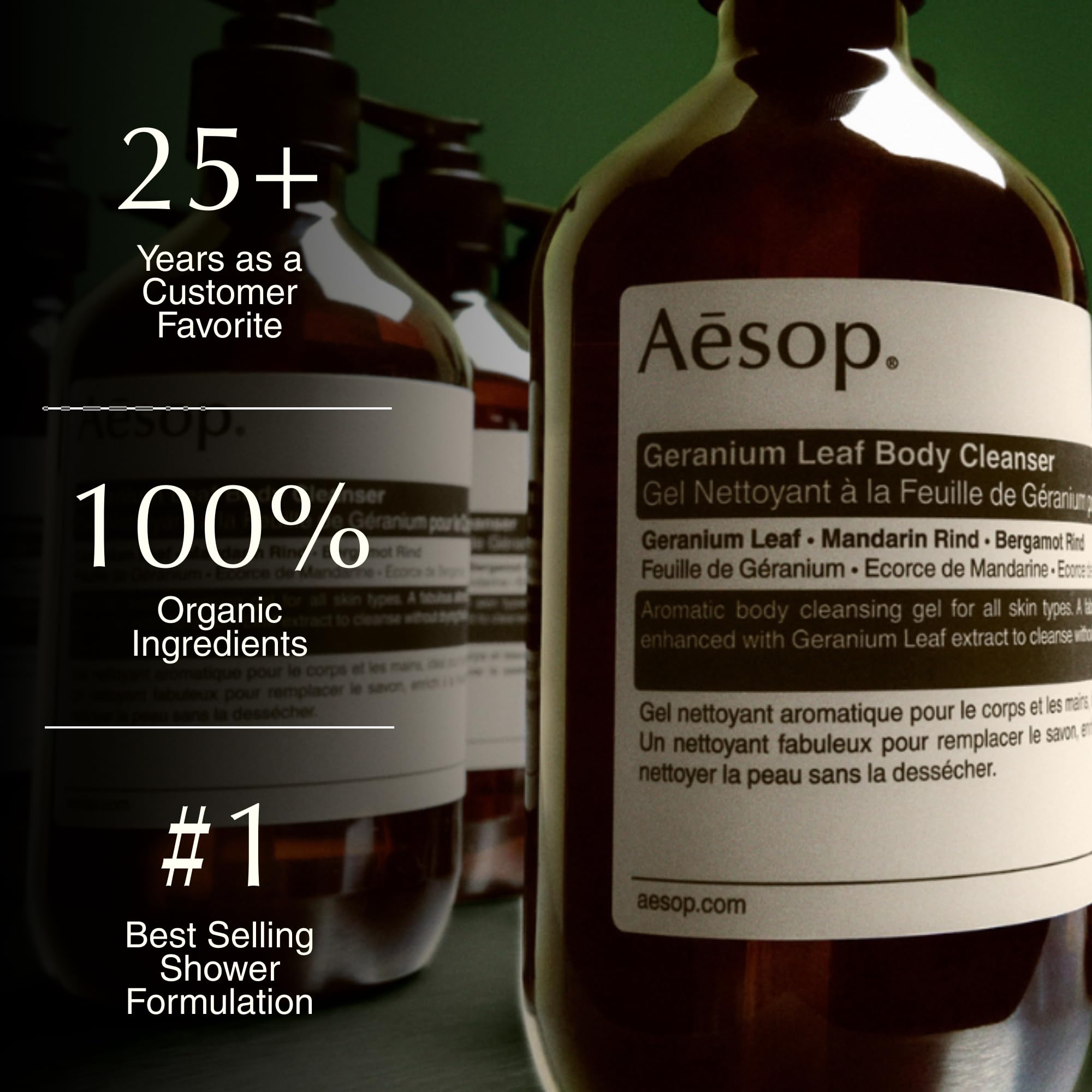 Ingredients view for Aesop Geranium Leaf Body Cleanser with geranium, mandarin, bergamot.