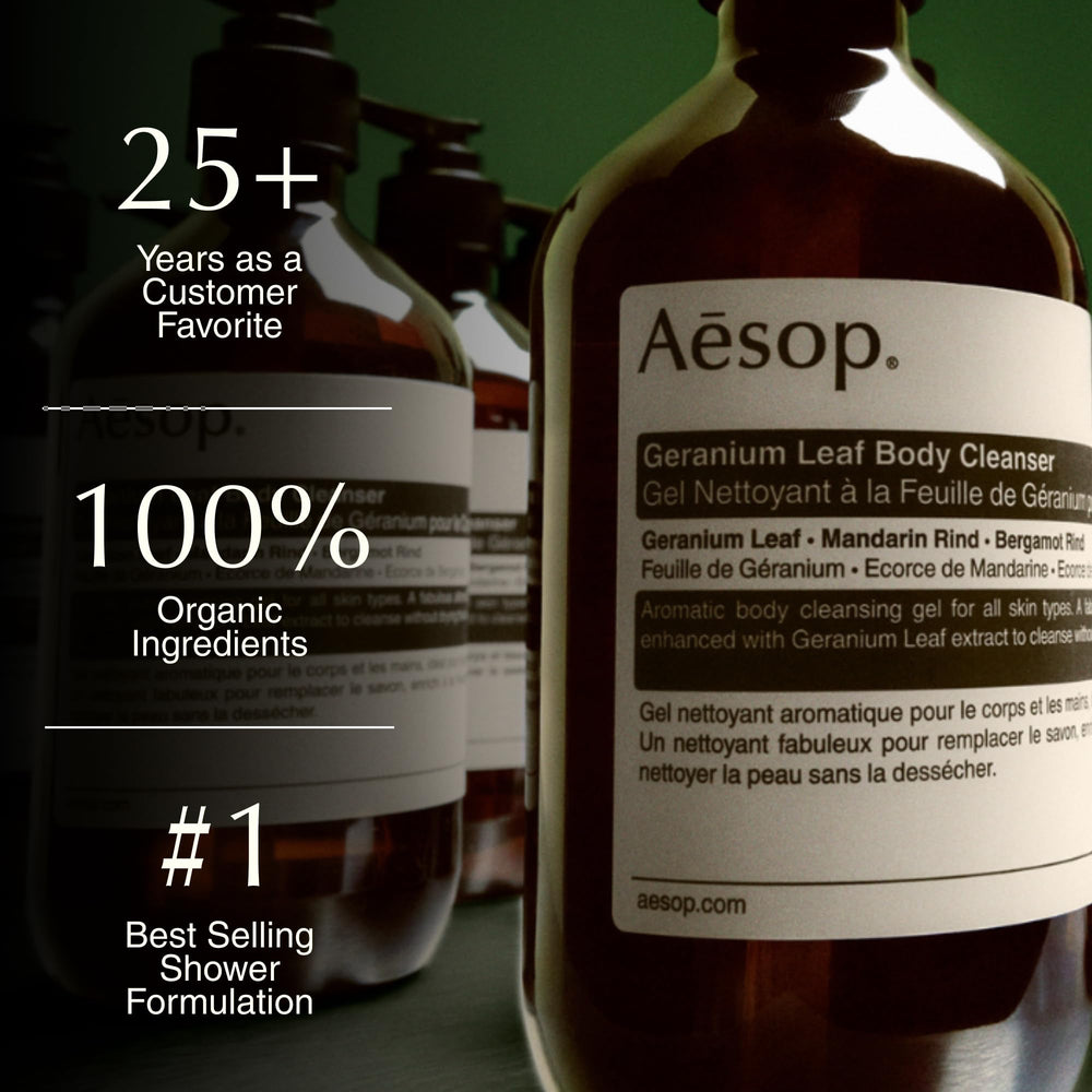 Ingredients view for Aesop Geranium Leaf Body Cleanser with geranium, mandarin, bergamot.