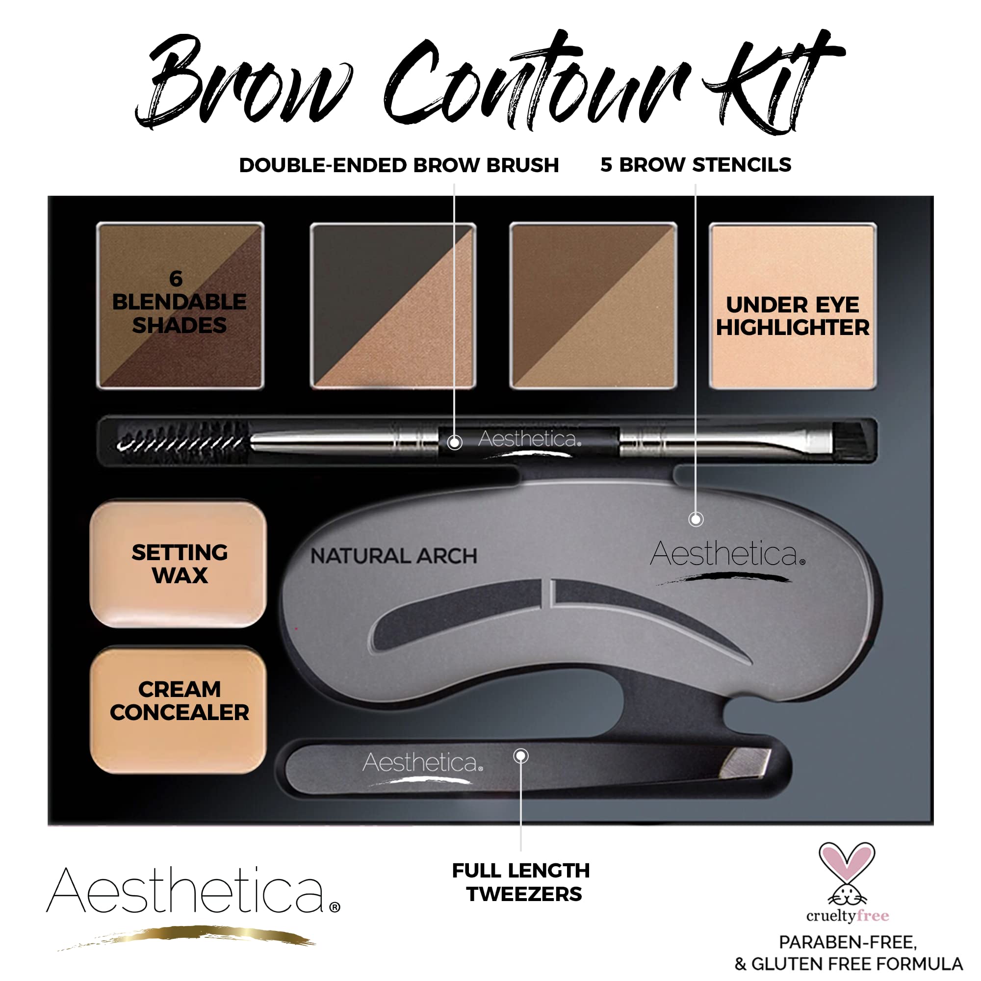 Aesthetica Brow Contour Kit stencils for quick, classic brow shapes.