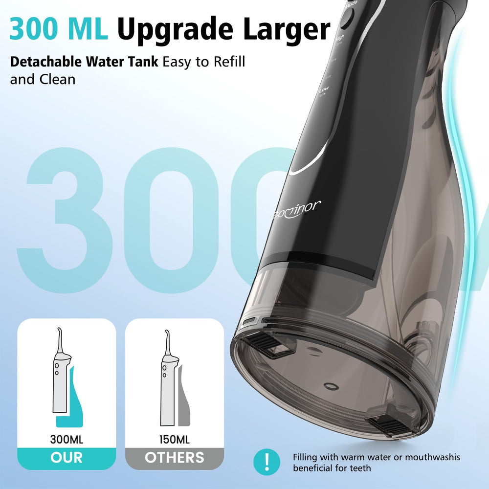 Aetiovek Leominor water flosser displays 50-150 psi pressure range for gentle to strong cleaning.