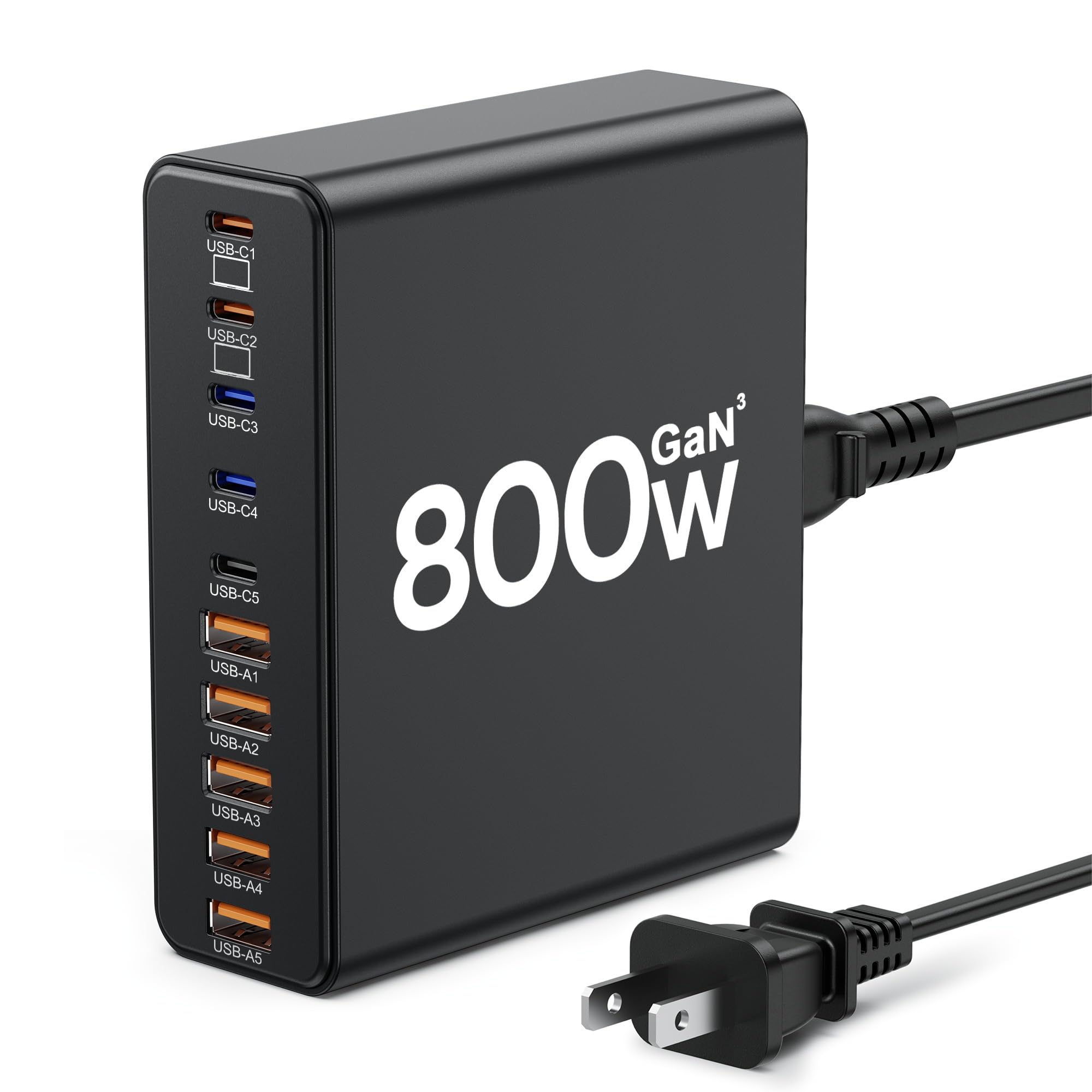 Aexhend 800W GaN charger block front view showing compact design for desk use
