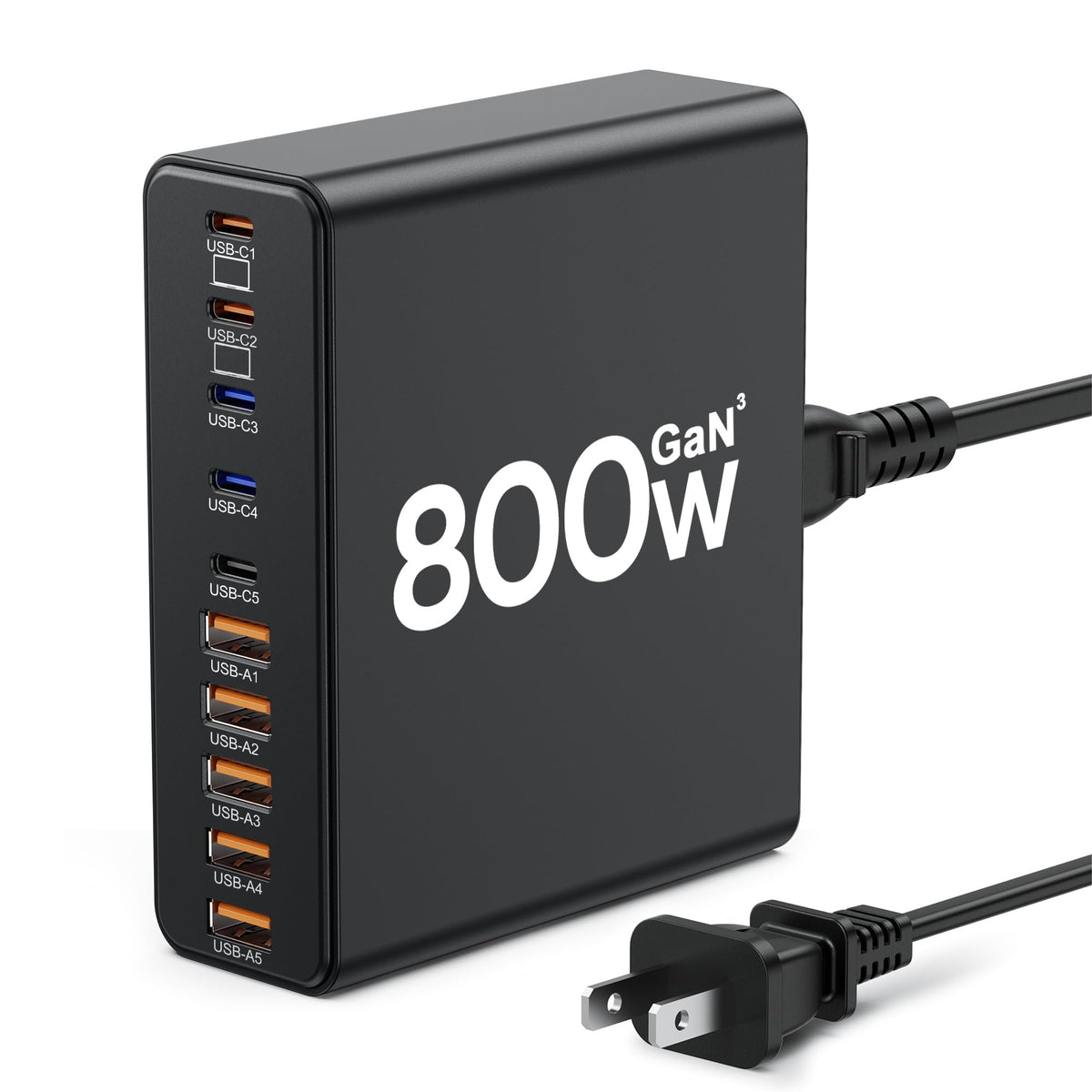Aexhend 800W GaN charger block front view showing compact design for desk use