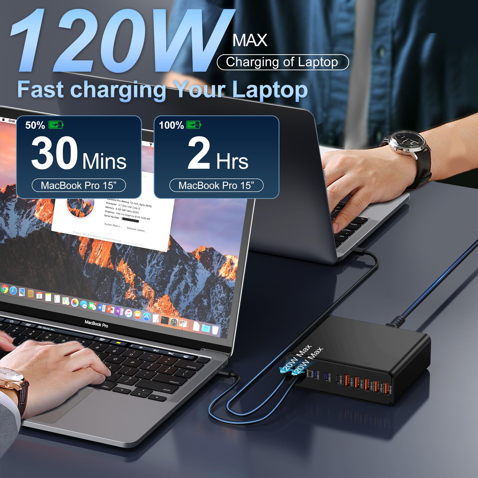Aexhend 800W GaN charger port closeup with USB-C and USB-A ports