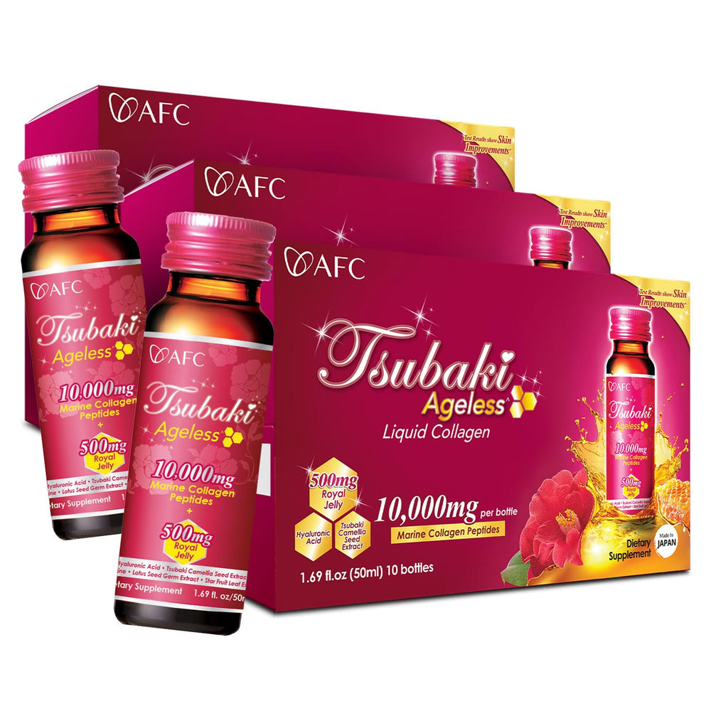 AFC Japan Tsubaki Ageless bottle front showing premium collagen blend for daily skin support