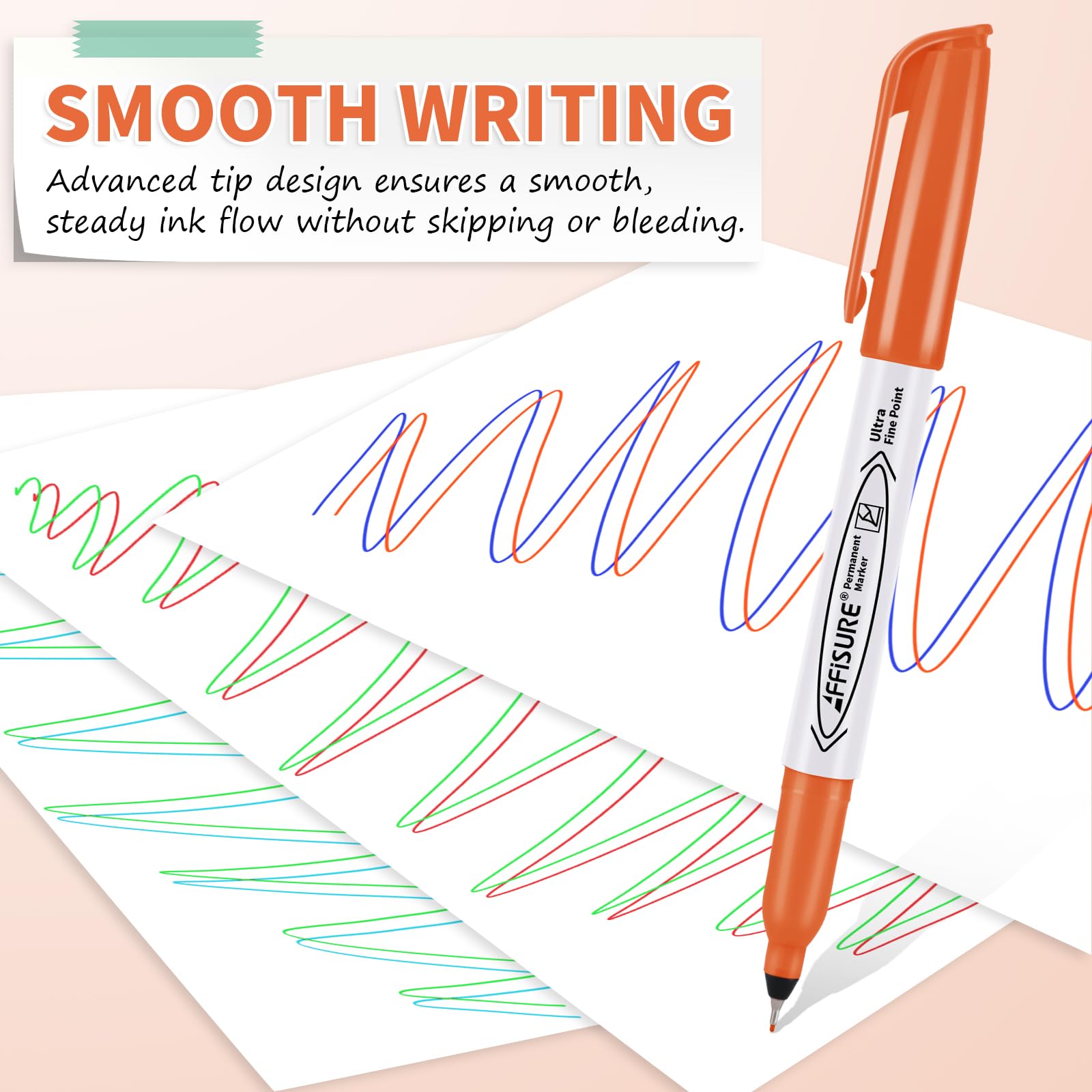 Affisure permanent markers on glass surface for smooth, quick-dry writing.