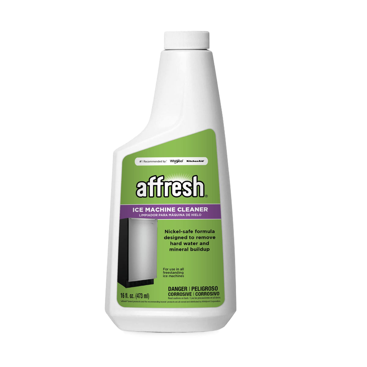 Affresh ice machine cleaner bottle for easy cleaning and mineral buildup removal.