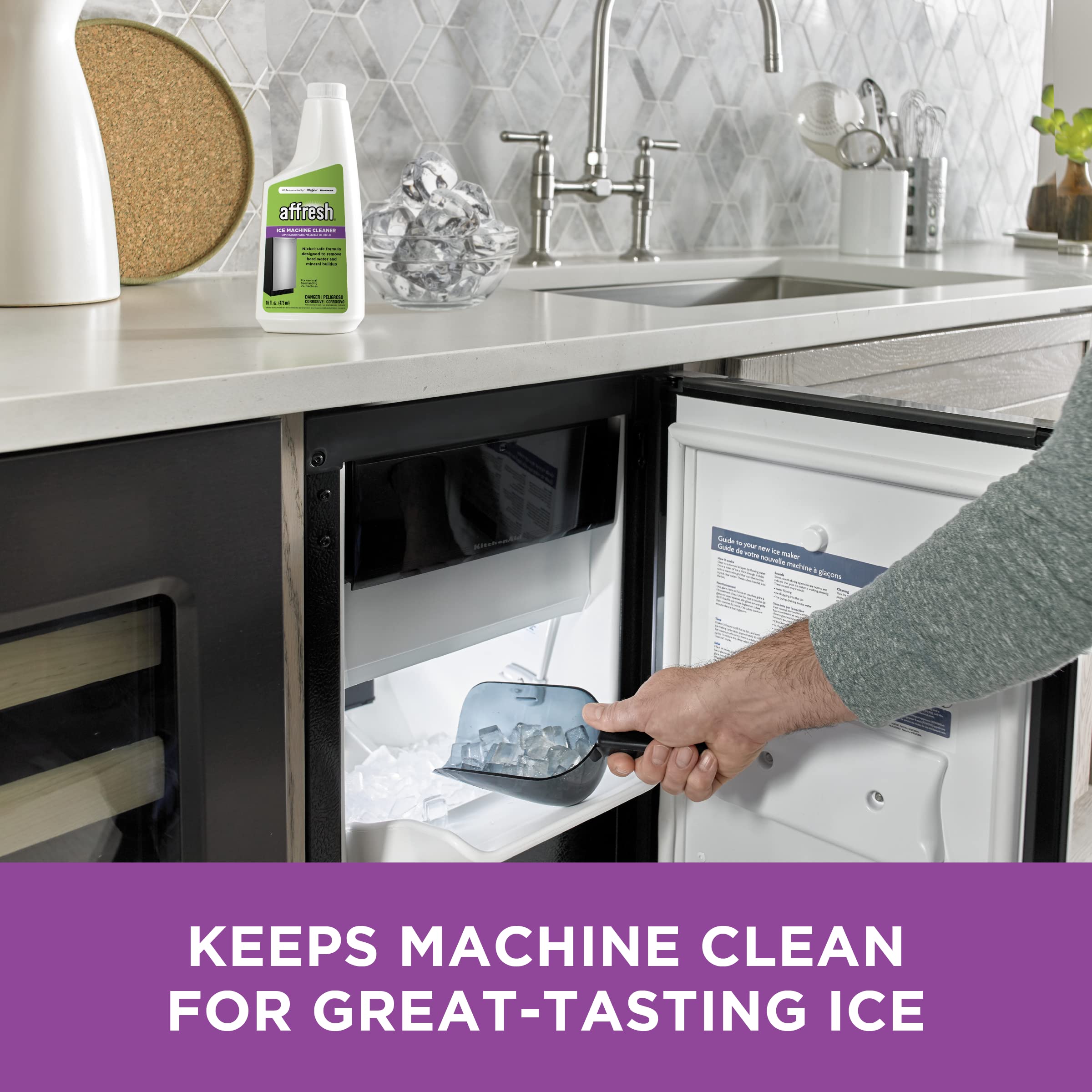 Affresh ice machine cleaner results image demonstrates cleaner ice with less buildup.
