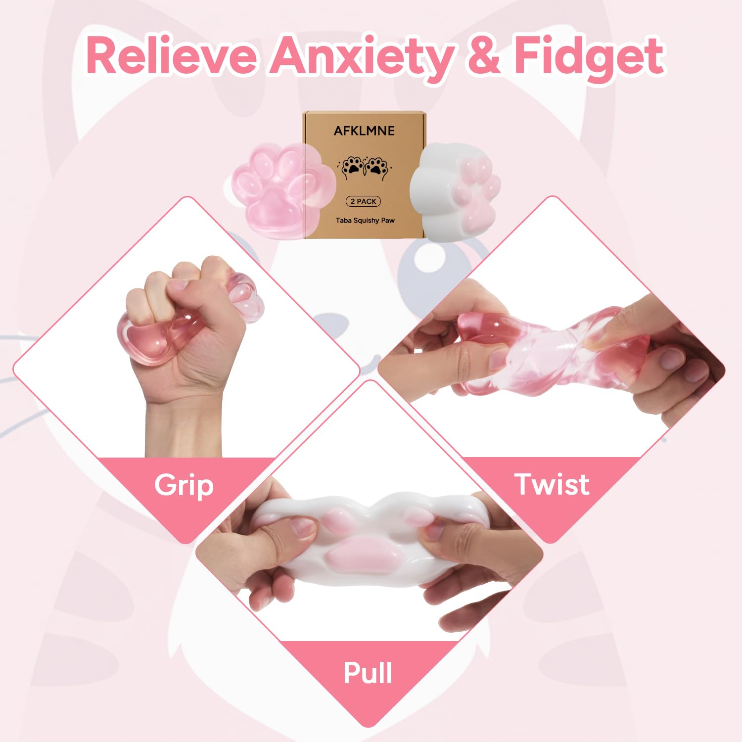 AFKLMNE Taba Paw pink squeeze-action demonstrates quick anxiety relief with gentle pressure