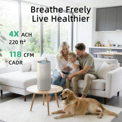 Afloia purifier for pets reduces hair and odors in a living room scene
