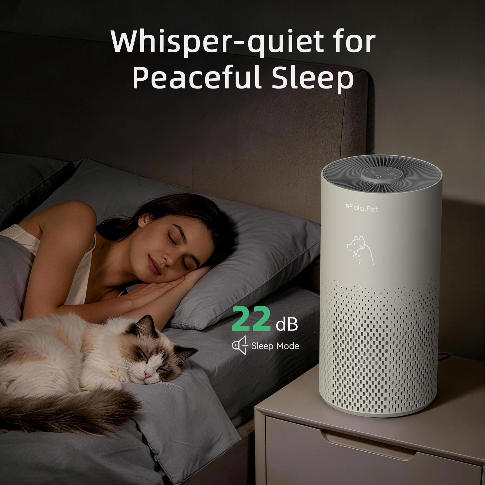 Afloia ultra-quiet sleep mode with dim display for night use