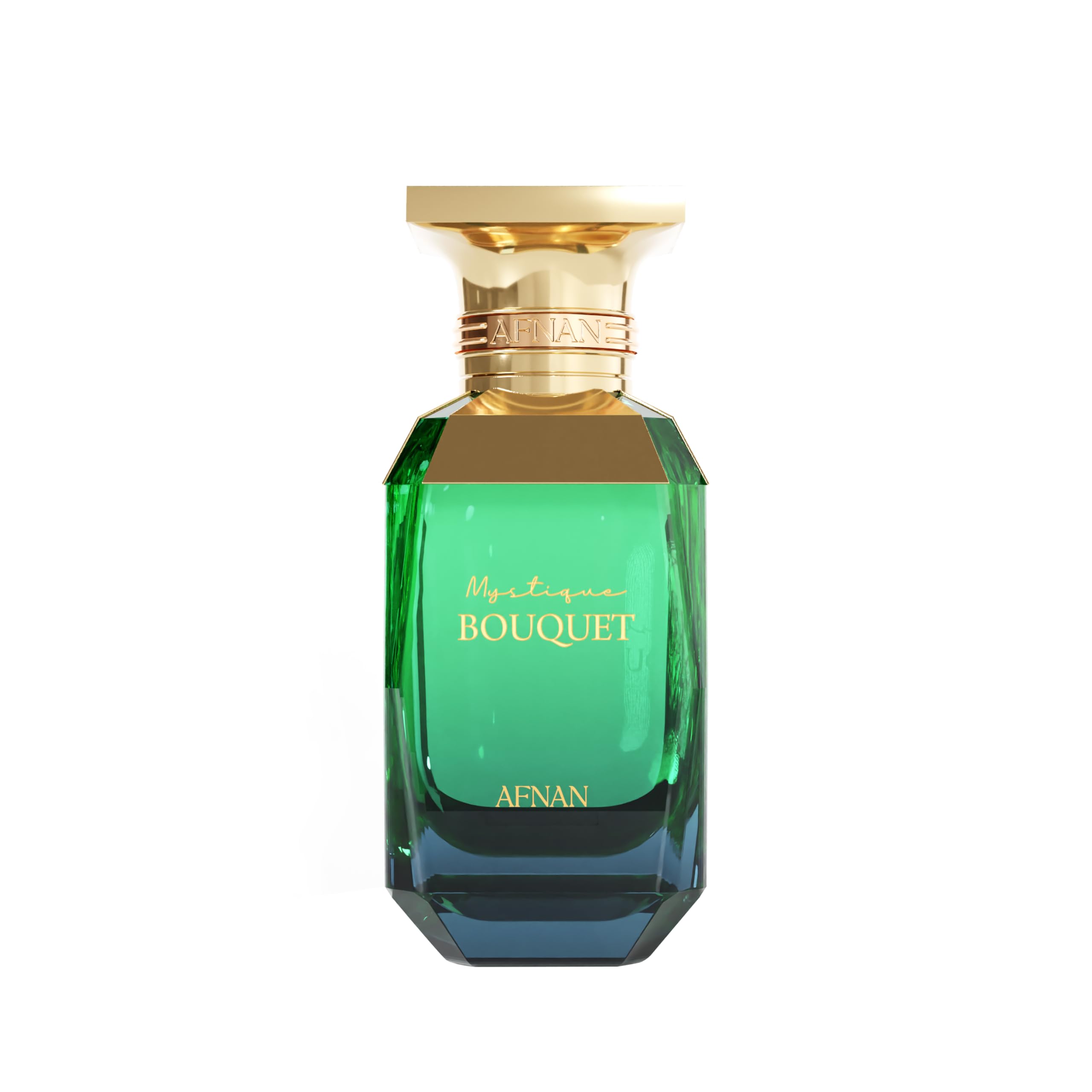 Afnan Mystique Bouquet bottle close-up highlighting a fresh opening scent for daily wear.