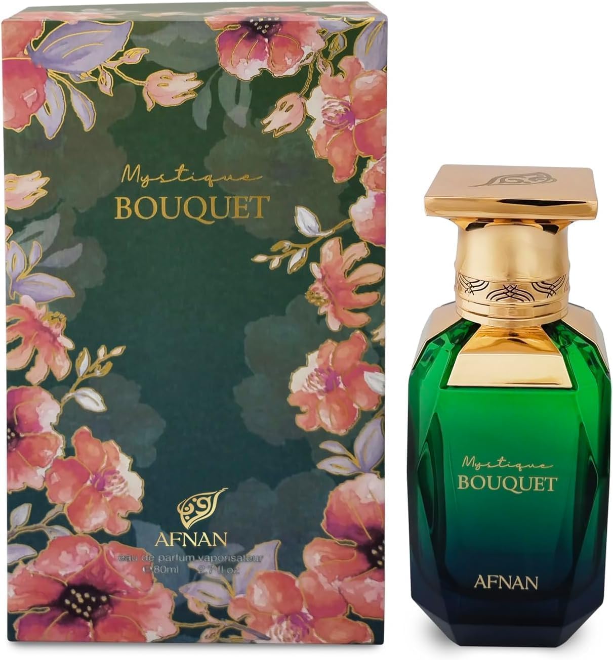 Afnan Mystique Bouquet packaging display emphasizing gifting appeal and luxury presentation.