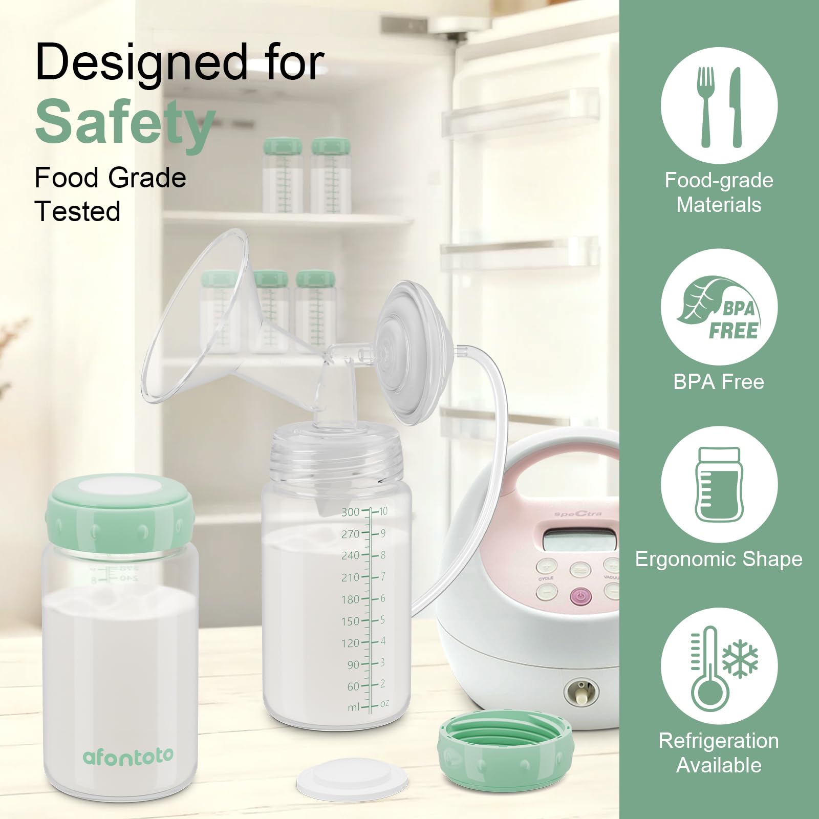 afontoto bottle is fridge-friendly for organized milk storage during the day.