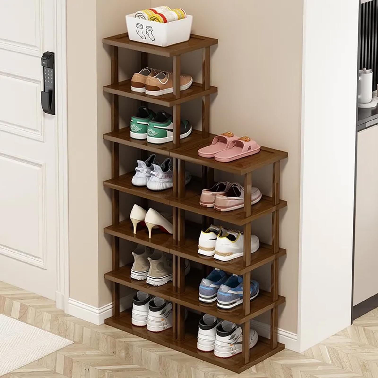 Afoord tall narrow rack for closet corner keeps larger shoes organized.