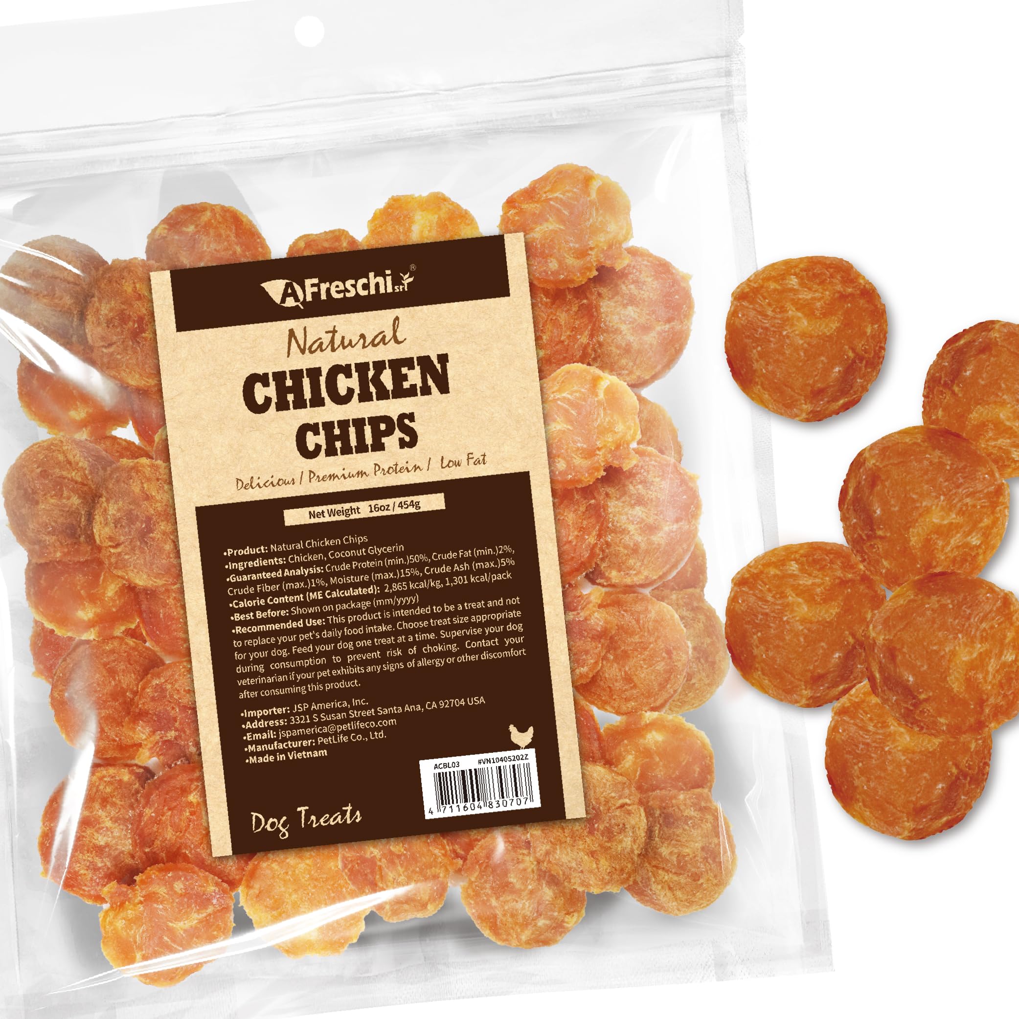 A Freschi chicken jerky pack shot showing protein-rich treats for active dogs.