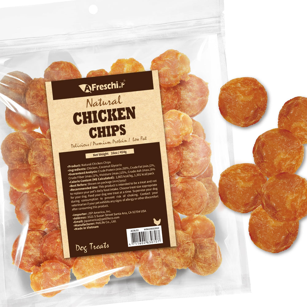 A Freschi chicken jerky pack shot showing protein-rich treats for active dogs.