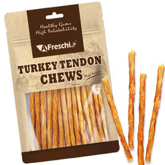 A Freschi turkey tendons dog treat pack shows USA-sourced rewards for training.