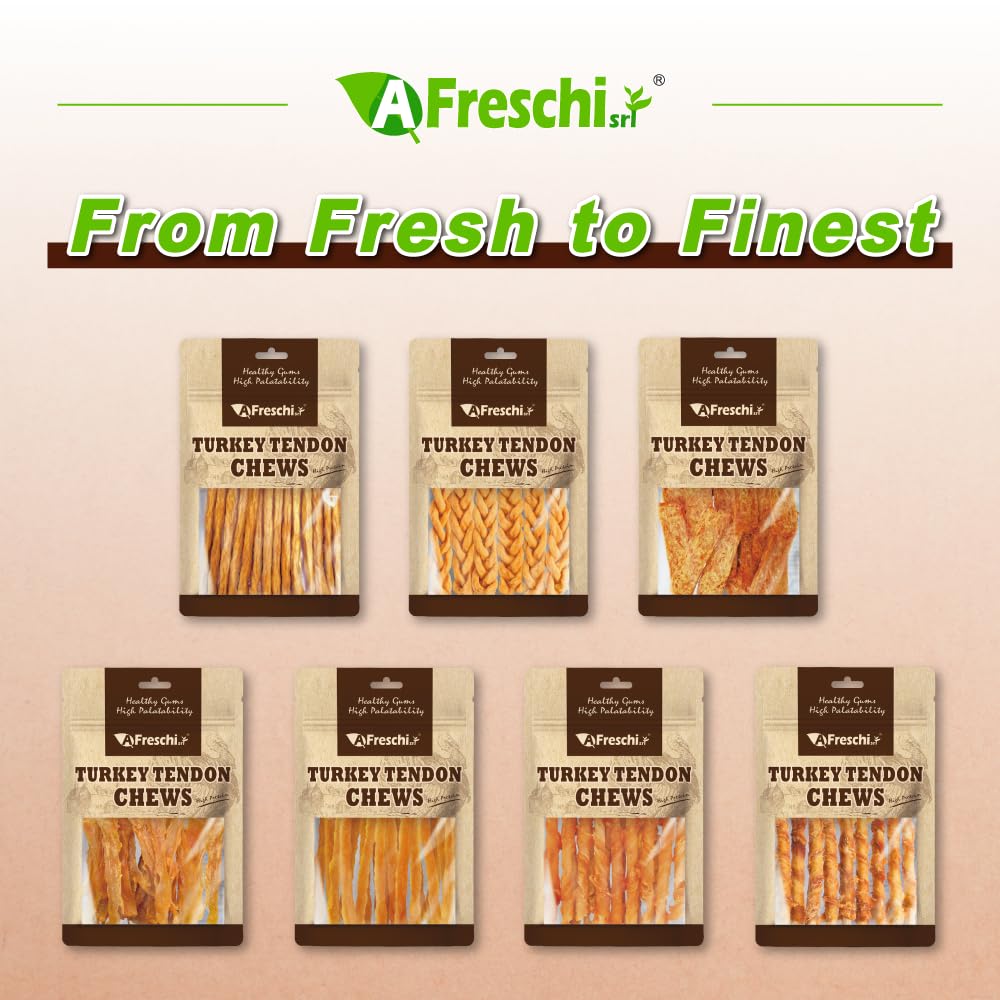 A Freschi turkey tendons puppy-chews scene evokes bonding moments and satisfied dogs.