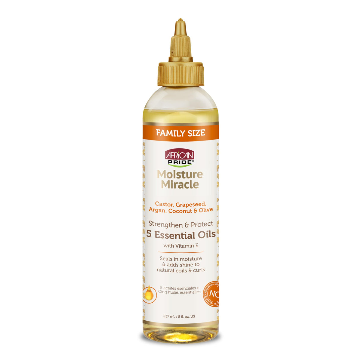 African Pride Moisture Miracle 5 Oils bottle demonstrates lightweight hydration for hair.
