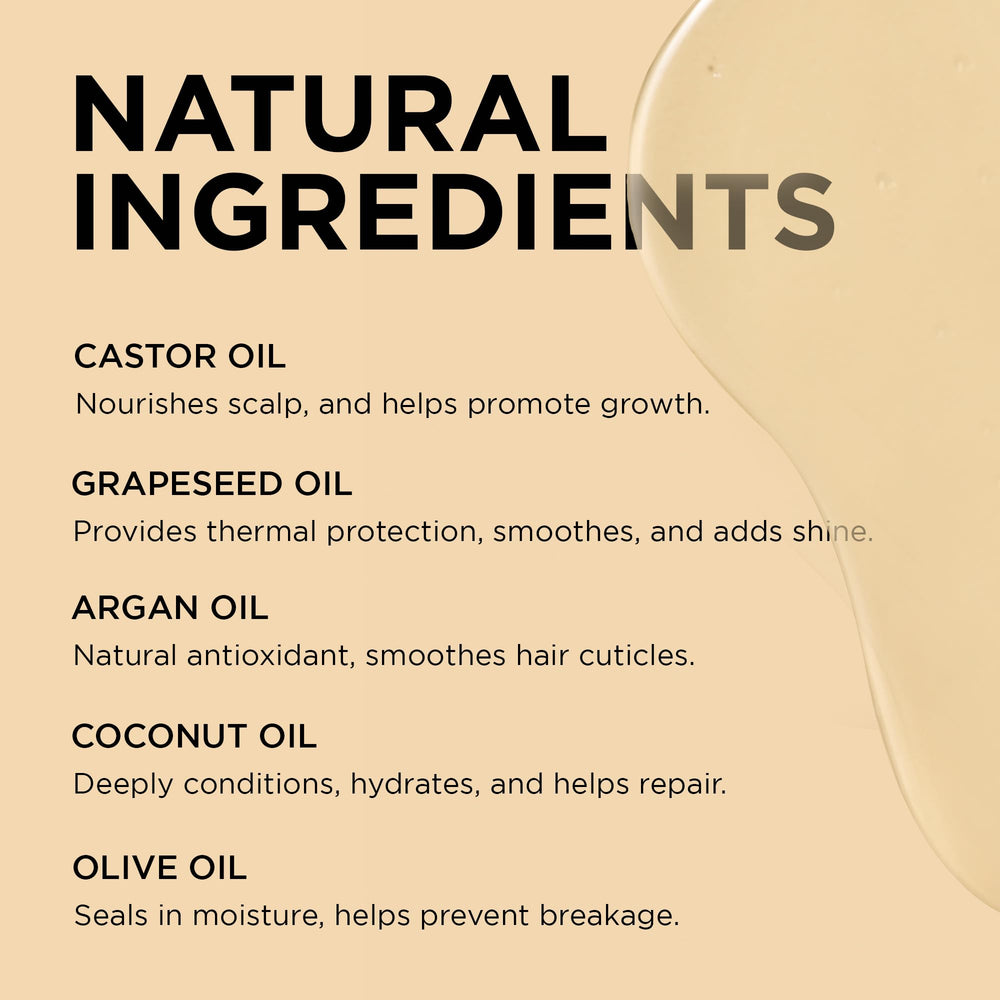 African Pride Moisture Miracle 5 Oils ingredients closeup highlights argan and castor benefits.