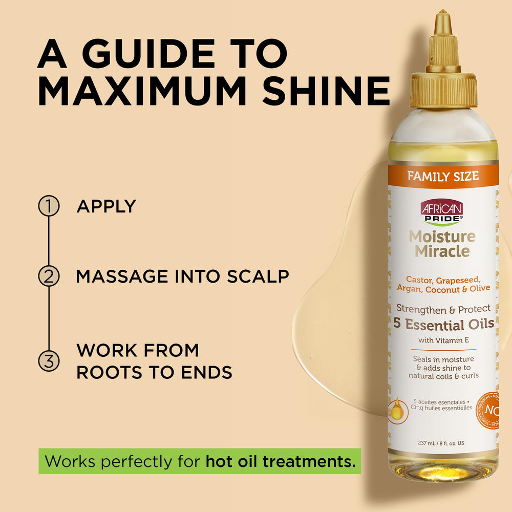 African Pride Moisture Miracle oils on hair showing shine and smooth cuticles.