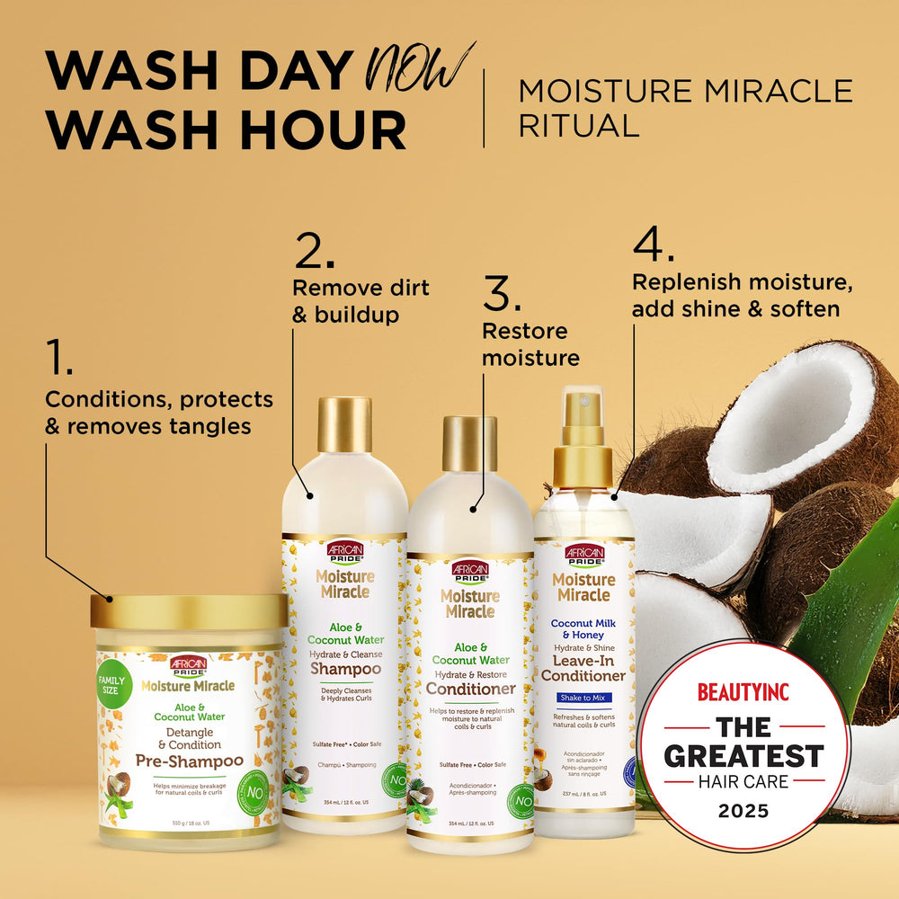 African Pride Moisture Miracle detangler applied to curls for easier detangling.