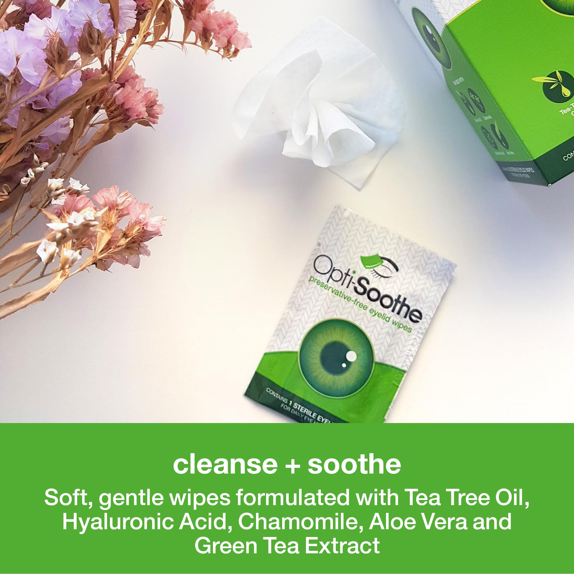 One Opti-Soothe wipe applied to an eyelid for a calm cleaning experience.