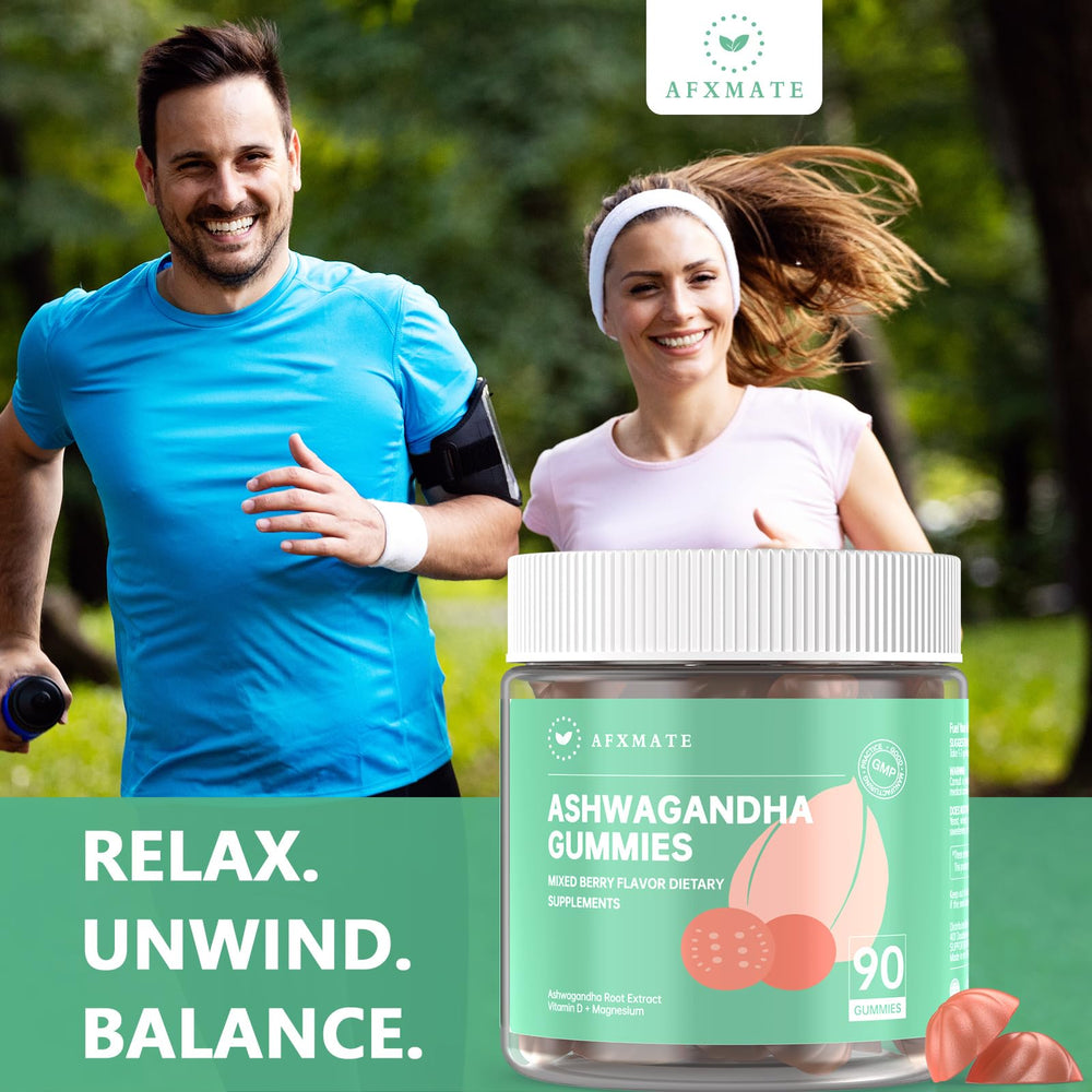 AFXMATE Ashwagandha Gummies berry flavor on white background offering sugar-free option.