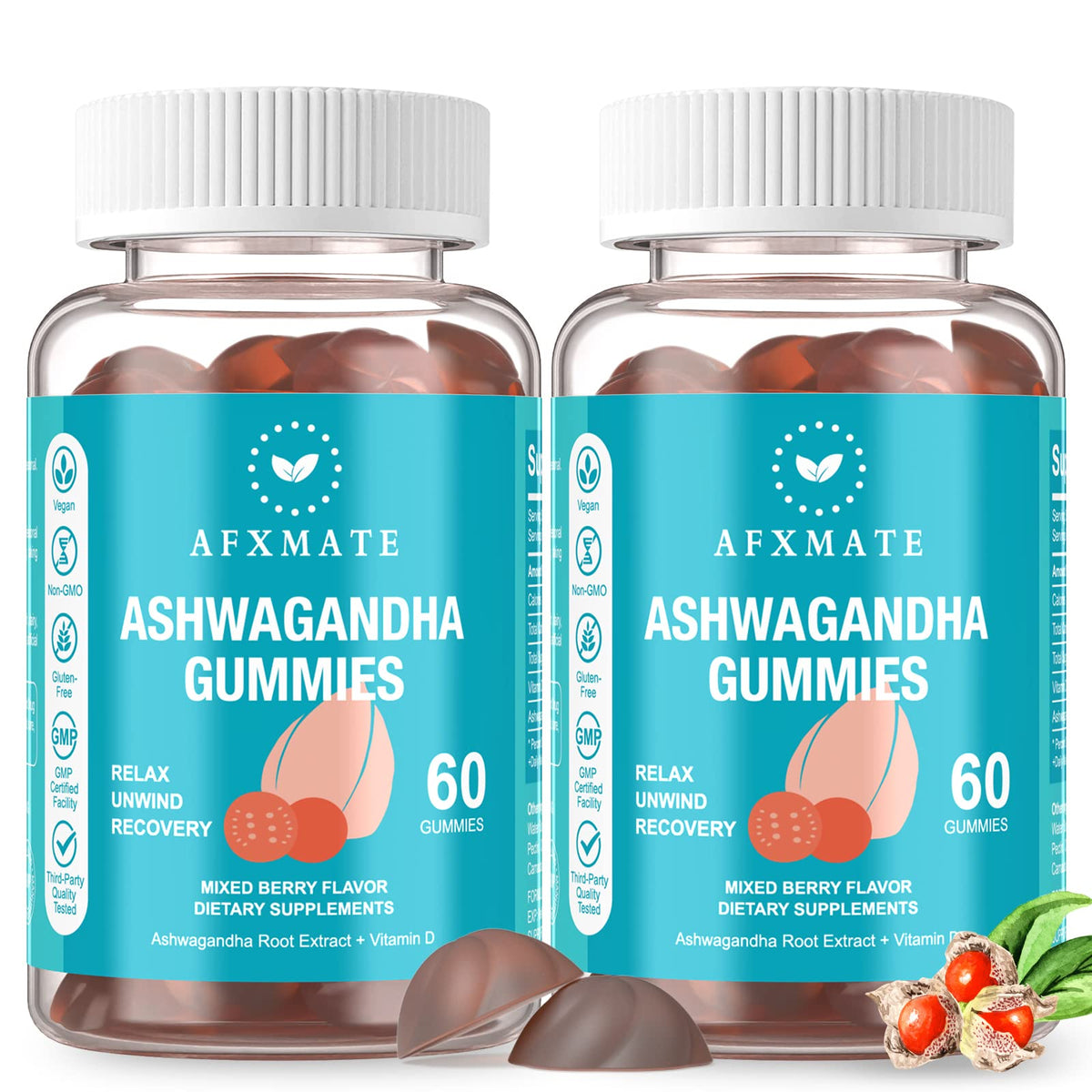 AFXMATE Ashwagandha gummies bottle front, convenient daily supplement for energy support