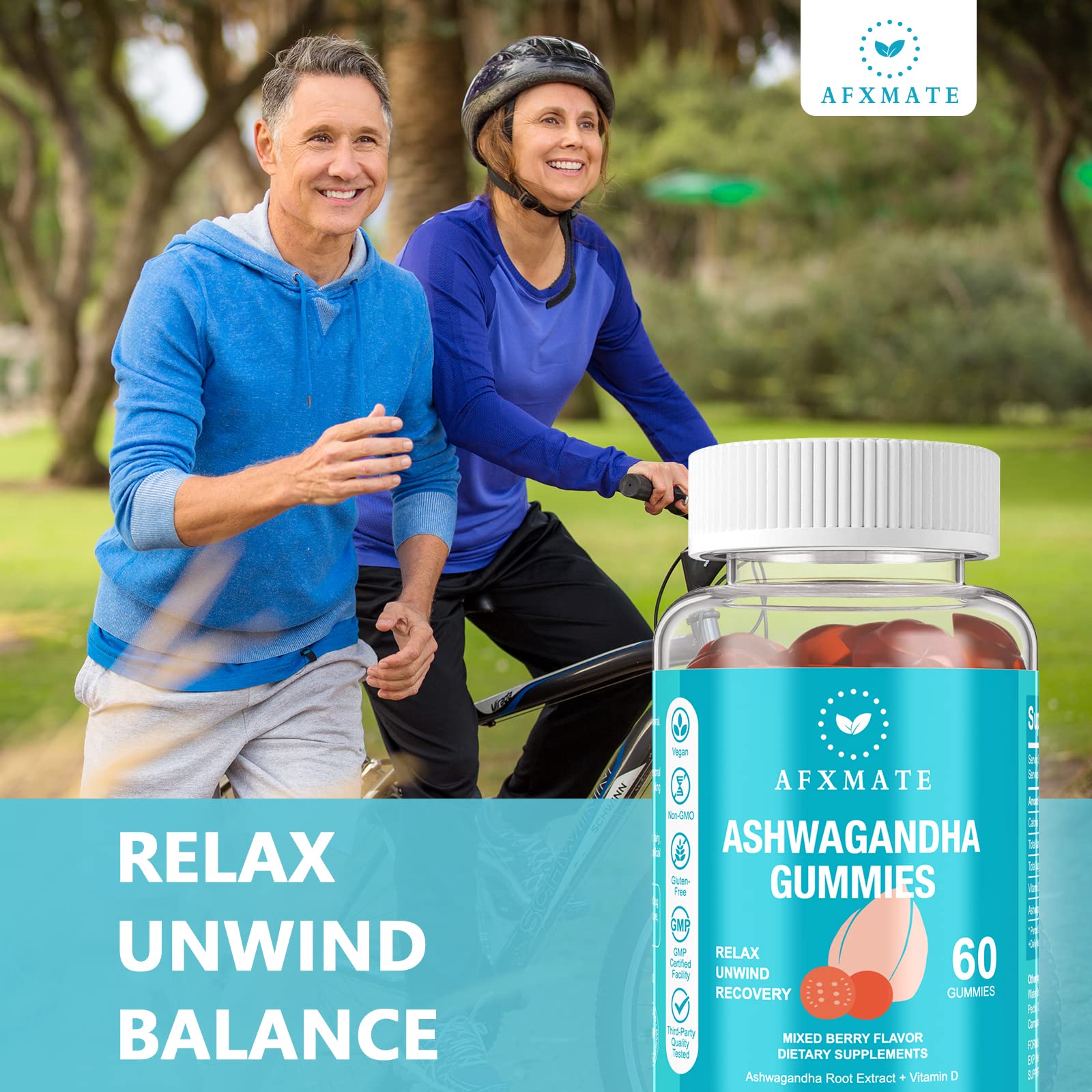 AFXMATE Ashwagandha gummies label close-up, vegan and non-GMO