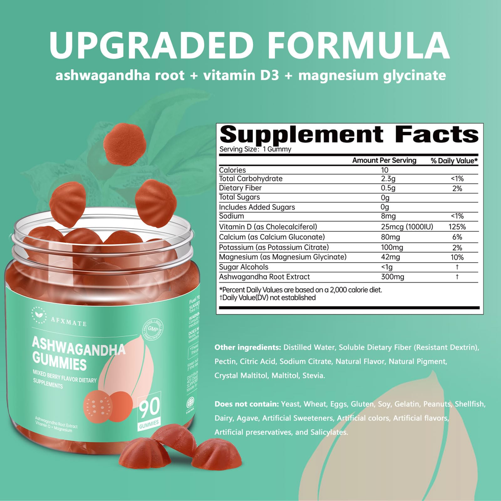 AFXMATE Ashwagandha Gummies label highlights vitamin D and magnesium support.