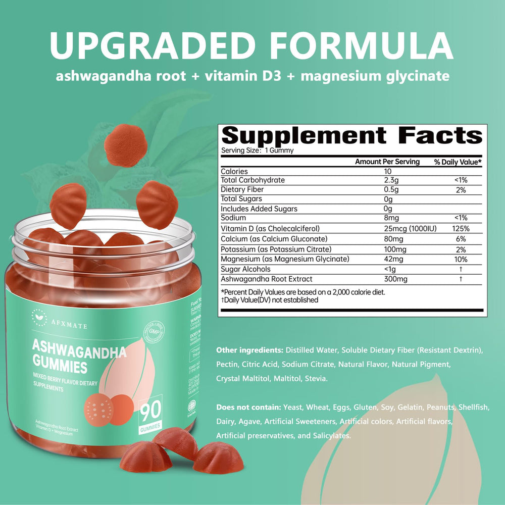 AFXMATE Ashwagandha Gummies label highlights vitamin D and magnesium support.