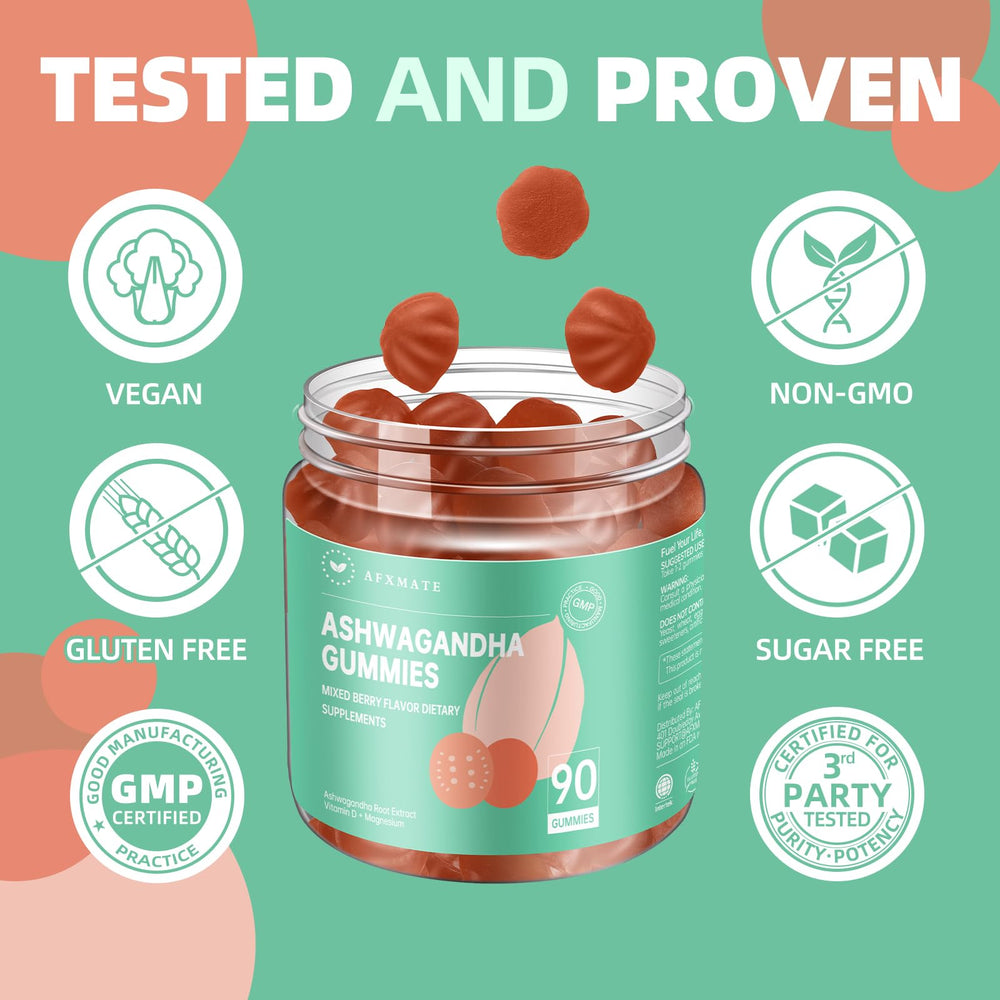 AFXMATE Ashwagandha Gummies close-up emphasizes berry flavor and sugar-free formula.