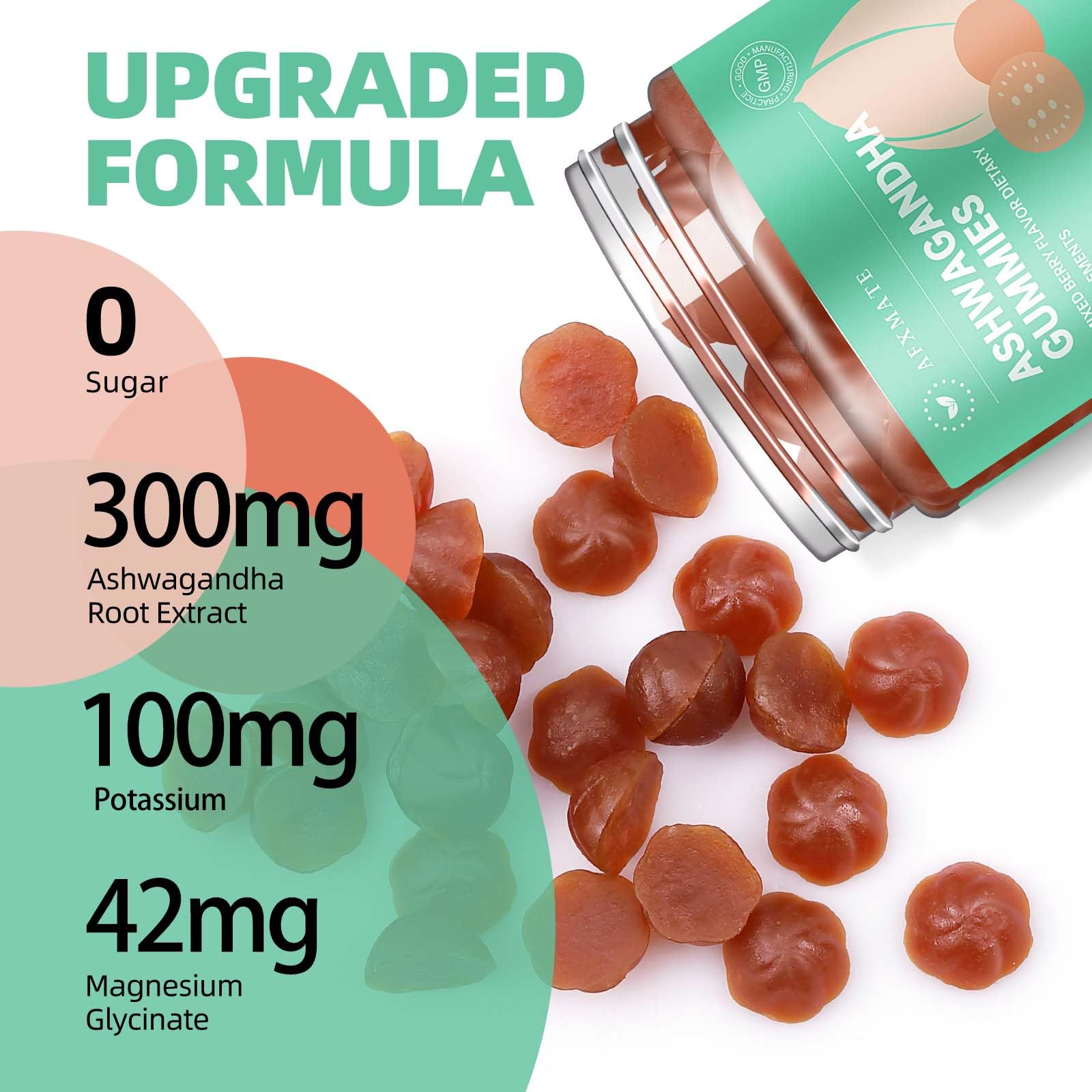 AFXMATE Ashwagandha Gummies serving scoop shows 300 mg per serving.