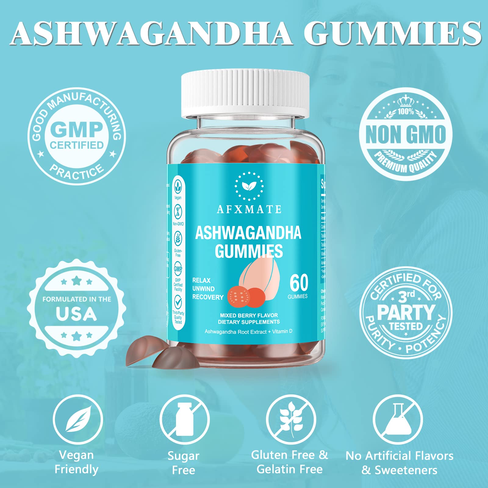 AFXMATE Ashwagandha + Vitamin D gummies, dual action boost for immunity and mood