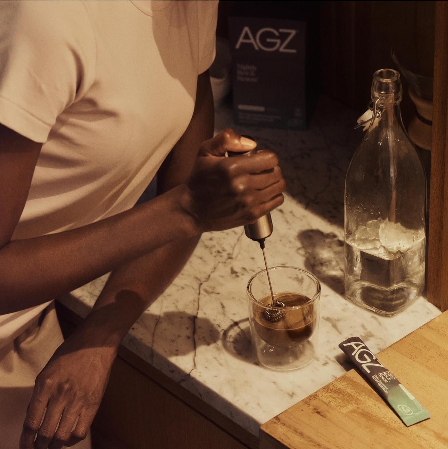 AG1 AGZ Sleep Drink ingredients label highlighting magnesium and adaptogens for calm nights