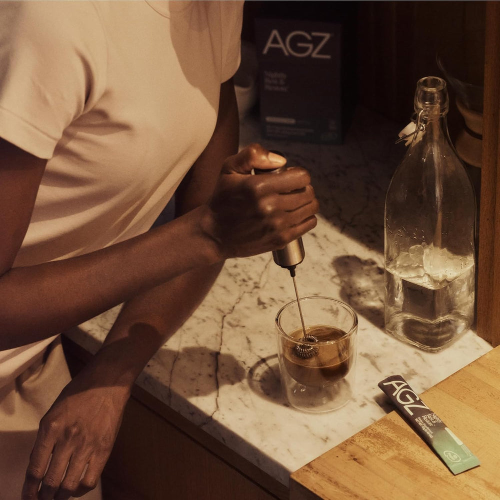 AG1 AGZ Sleep Drink ingredients label highlighting magnesium and adaptogens for calm nights