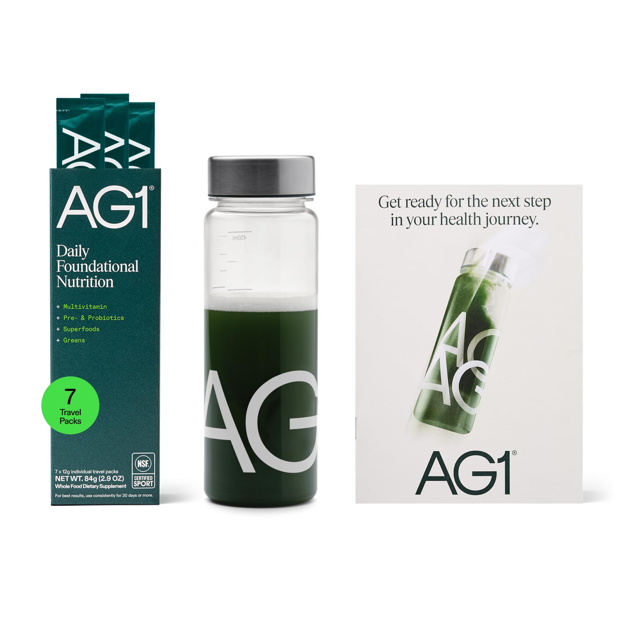 AG1 Athletic Greens bottle shown as part of the starter kit for convenient daily nourishment.
