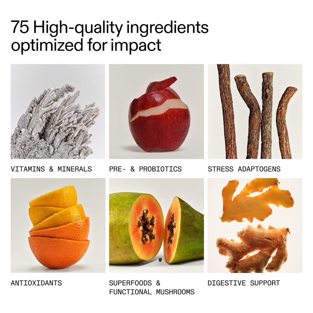 AG1 canister label closeup highlights vegan gluten-free formulation.