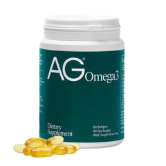 AG1 Omega3 softgels bottle shows daily heart and brain support in a clean design.