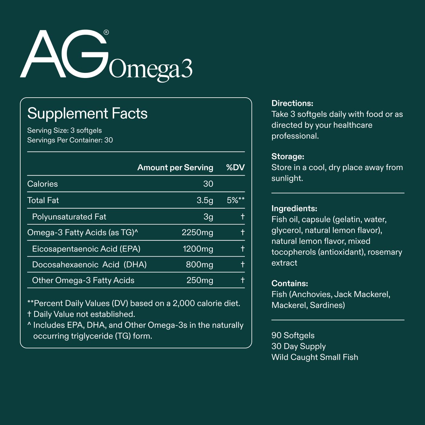 AG1 Omega3 label close-up shows purity and quality certifications.