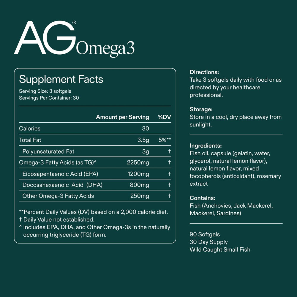 AG1 Omega3 label close-up shows purity and quality certifications.