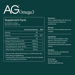 AG1 Omega3 label close-up shows purity and quality certifications.