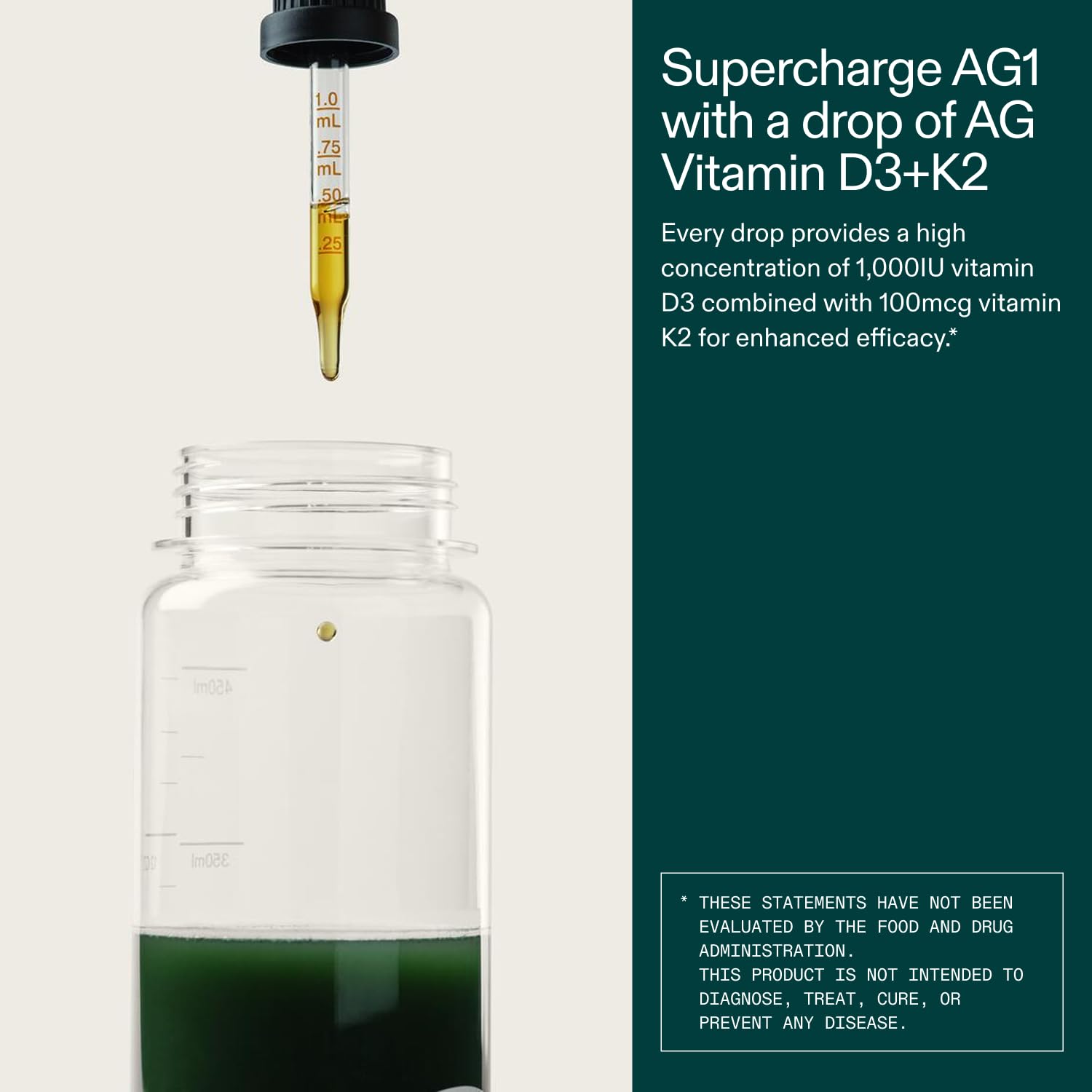 AG1 D3+K2 drops emphasize bone density and calcium uptake potential.